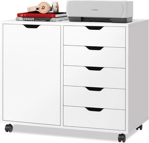Armadio comò in legno a 5 cassetti con porta, armadietto <span class=keywords><strong>mobile</strong></span>, supporto per stampante adatto per l'home office - Product Image 1