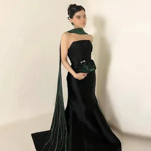 Elegant Black Mermaid Arabic Evening Dresses with Scarf Luxury Beaded Dubai Women Wedding Formal Party Gowns SZ421