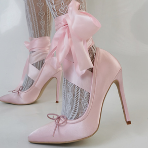 Escarpins en soie à lacets croisés pour femme, talons hauts pour fille, grande taille 47, sandales habillées avec nœuds avant, coupe large - Product Image 1