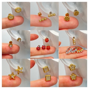 18K Gold Plated Stainless Steel Screw <b>Back</b> Stud <b>Earrings</b>, Mixed Style CZ/Heart/Butterfly/Ball Tiny Piercing Ear Studs <b>Earrings</b> - Product Image 3