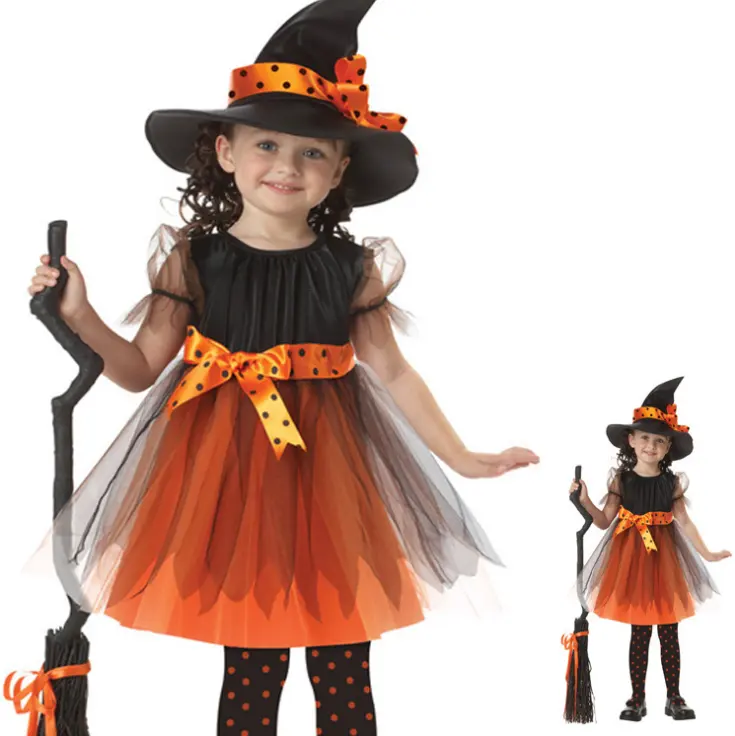 2022 Kinder Halloween Dekorationen Kostüme Hexen kleid Kostüm Halloween Cosplay mit Hut Besen