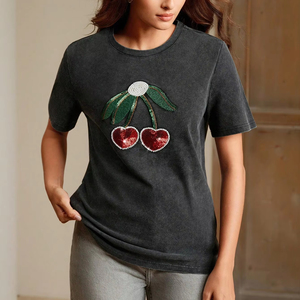 <span class=keywords><strong>Camicie</strong></span> a girocollo estive personalizzate da donna a maniche corte con Glitter ciliegio e decorazione con strass e paillettes T Shirt da donna - Product Image 1