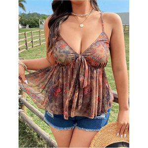 FOXA Women's Boho Floral Camisole Mesh Top <b>Bow</b> Tie Front Sleeveless Sheer Ruffle Flared Peplum Top - Product Image 4