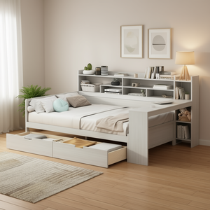 Cama de día de tamaño completo con estantes de almacenamiento y escritorio, dos cajones, muebles modernos para dormitorio, cama de madera estilo blanco antiguo - Product Image 2