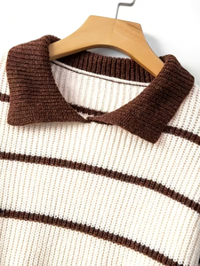 Suéter <span class=keywords><strong>de</strong></span> Punto Tipo Polo a Rayas para Mujer, Otoño-Invierno 2026, Cuello en Contraste, Manga Larga, Cuello Redondo Acanalado, 100% Poliéster, Estilo Old Money - Product Image 4