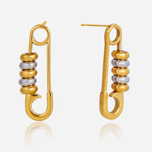 Pendientes de Aro en Forma de Pin, Diseño Geométrico en Bloques de Color Oro y Plata, Pendientes de Acero Inoxidable, Joyería de Moda - Product Image 1