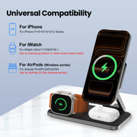 Chargeur sans fil de bureau 15W avec support, station de charge magnétique 3-en-1 pour iPhone 17/16/15/14, pour iWatch 1-7, pour Airpods