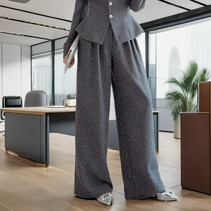 Pantalon droit formel gris respirant tissé à boutons pour femme ZYHT 35365, taille haute, design plissé, tissu polyester/spandex, automne - Product Image 2