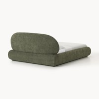 Lit double haut irrégulier avec tête de lit incurvée en tissu de coton et lin rembourré couleur crème