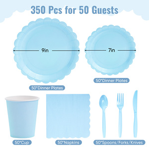 ชุดภาชนะใส่อาหารแบบใช้แล้วทิ้ง PET สีฟ้าอ่อน 350 ชิ้น สำหรับแขก 50 คน ประกอบด้วยจาน แก้ว ผ้าเช็ดปาก เป็นมิตรกับสิ่งแวดล้อม เหมาะสำหรับงานเลี้ยงฉลองเด็กอ่อน - Product Image 2