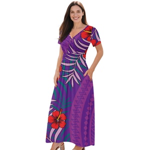 Vestido Maxi Casual de Manga Corta con Cuello en V y Estampado de Flores Polinesias y Aves del Paraíso, Hecho a Medida, en Oferta - Product Image 2