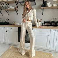 Pyjama décontracté en tricot à fleurs pour femme, automne, respirant, imprimé à volants, manches longues, pantalon long, ensemble deux pièces, taille élastique