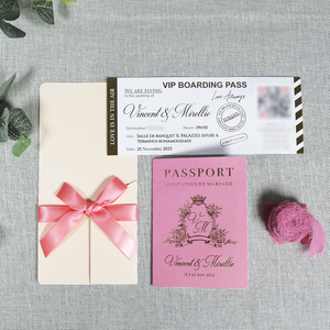 Cartes d'invitation de mariage créatives DIY <span class=keywords><strong>rose</strong></span>/<span class=keywords><strong>rose</strong></span> poudré, style passeport, avec dorure à chaud et <span class=keywords><strong>couverture</strong></span> en papier, et joli nœud en ruban - Product Image 3
