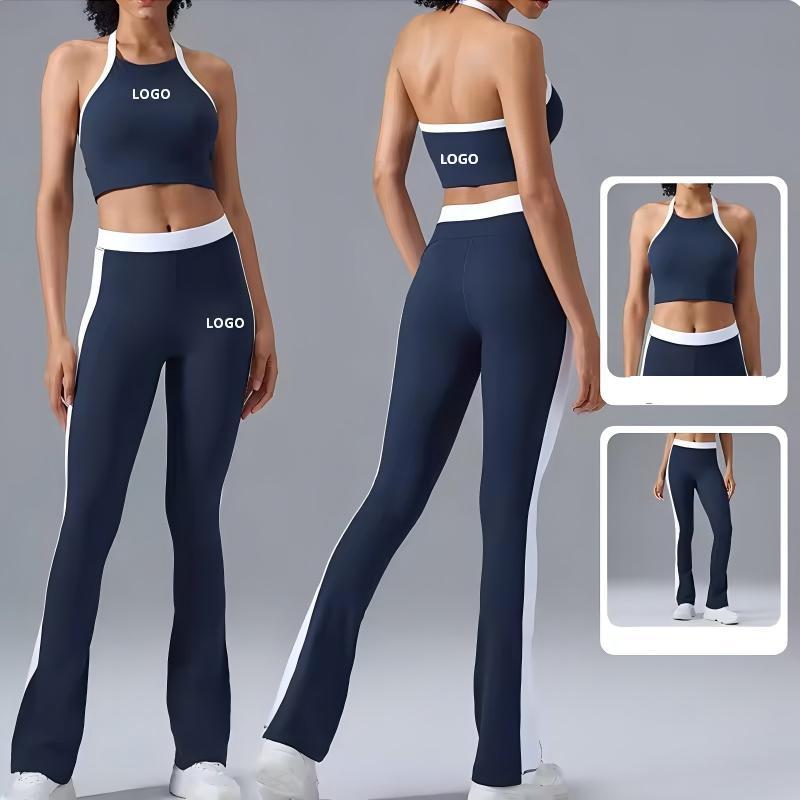 ODM/OEM Women's Mid Waist Flare Yoga Leggings 2 Piece Set Breathable Sportswear Suit Solid Pattern Gym Fitness Summer Reversible