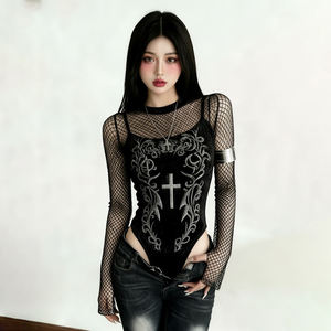 Camisa de manga larga de dos piezas para mujer, estilo oscuro, con estampado de bloques de color, sexy, ajustada, para verano - Product Image 1