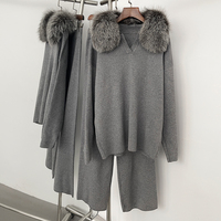OFTBUY décontracté élégant femmes tricots costume tricoté doux hiver réel renard col en fourrure de raton laveur automne chaud pull pull décontracté