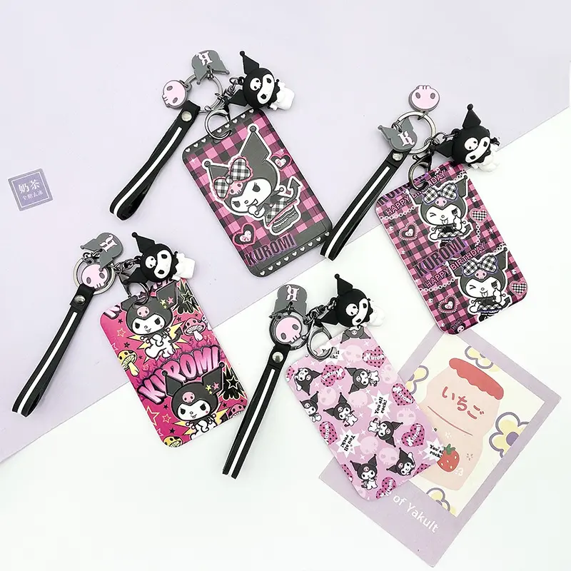 Lovely Cartoon Kuromi Melody Card Holder with 3D Keychain Campus Student Name ID Badge Bus Card Case Key Chain Car Key Pendant