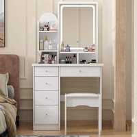 Kit de Coiffeuse Moderne en Bois Massif Couleur Crème, Économique et en Gros, avec Miroir LED Éclairé et Multiples Espaces de Rangement pour Chambre d'Hôtel