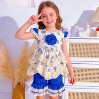Ensemble short à volants en dentelle florale bleu royal |   Tenue décontractée mignonne et adorable pour filles |   100% coton pur, col rond, longueur genou