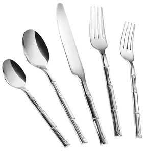 Wholesale 5 Piece Knife Fork And Spoon Wedding Cutlery Bamboo Style Handle Stainless Steel Flatware Set
