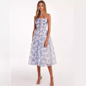 Robe de soirée mi-longue en mousseline à imprimé floral, épaules dénudées, taille empire, avec superposition transparente, style printemps-été - Product Image 1