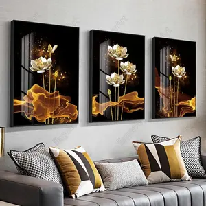 Pintura de flor de lótus dourada, pintura de cristal de porcelana com estampa de flor de lótus, decoração de sala de estar, mosaico