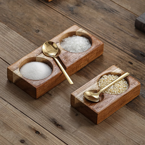 Acacia Wood Seasoning <b>Tray</b> With Spoon Two Compartments Japanese Style Serving Dish For Hotel Coffee <b>Tea</b> - Product Image 4