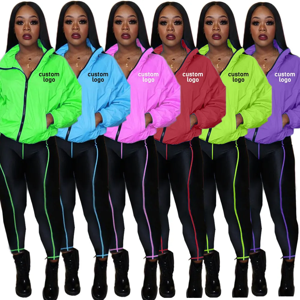 Long Pants and Coat 2 Piece Set Women Custom Logo Ladies Fashionable Solid Shorts And Zip Up Top Two Piece Set