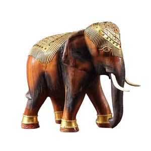 Wooden Elephant <b>Statue</b> With <b>Gold</b> Inlay Decor Indian Traditional Style Brown Color Decorative Figurine - Product Image 1