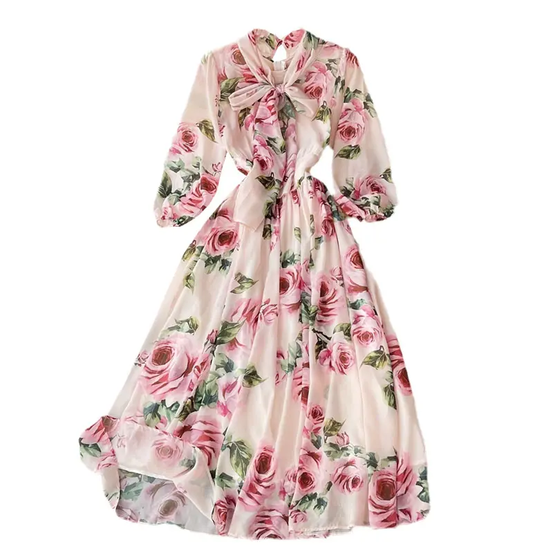 Vacation vestidos casuales florales eleganteシフォンフレンチスタイル長袖蝶ネクタイマキシローズフラワープリントドレス女性用