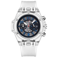 Reloj de Pulsera Cronógrafo con Esfera Hueca Transparente, Caja de Aleación Plateada, Correa de Silicona Blanca, Esfera Grande, Luminoso, Resistente al Agua, Deportivo