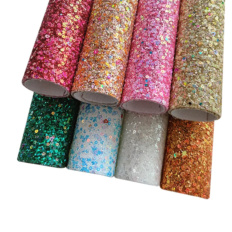 Glitter Fabric Roll Circular Heart Shiny Sequins Chunky Glitter PU Faux Leather Fabric Roll For Making Hair Bow/Decoration/Craft