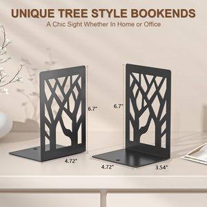 2 Pezzi Fermalibri Moderni in Metallo per Scaffali, Fermalibri Neri a Forma di Albero per Libri, Organizzatore Decorativo per Libri da Scrivania e Scaffali - Product Image 2