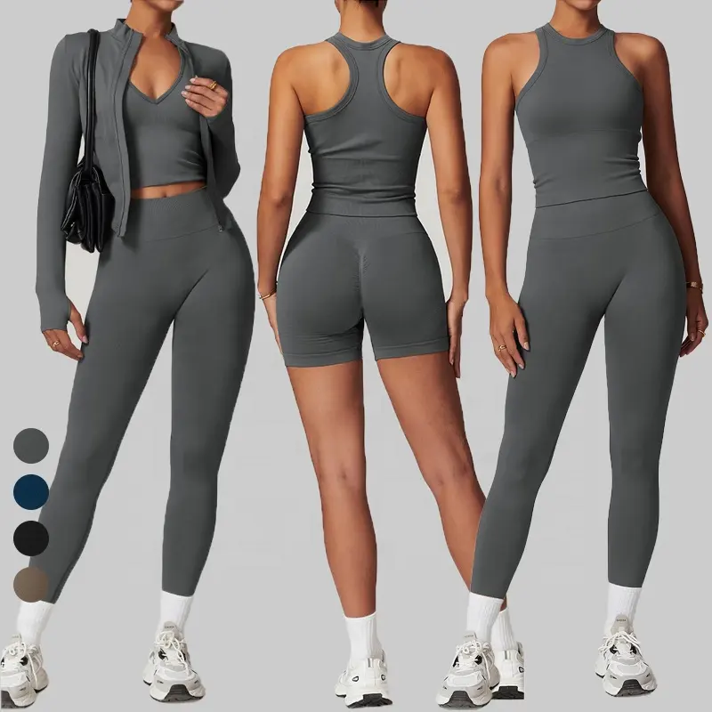 Wholesale Activewear Tennis Gym Fitness Set Sports Wear Gym Yoga Bra Leggings Jacket Quick Dry 3 Piece Gym Fitness Set