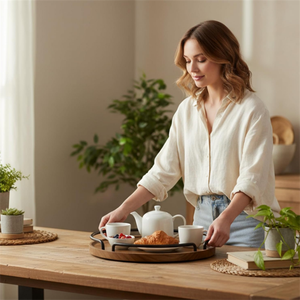 Bandeja Redonda Minimalista de Madera Multifuncional, Bandeja Decorativa de Madera Maciza para Mesa de Centro, Decoración del Hogar - Product Image 6