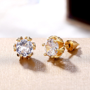 Orecchini a bottone in rame placcato oro con zirconi intarsiati, regalo di San Valentino, gioielli da donna - Product Image 4