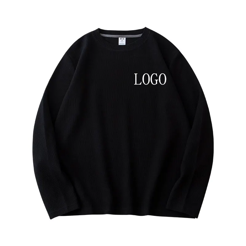 YLS Custom 3D Embroidered LOGO Waffle Knit Long Sleeve Men Thermal T Shirts Cotton Soft Blank Plain Solid Men Normal T-Shirt