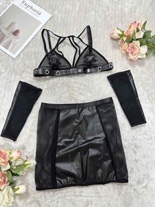 Set Sexy in Pelle PU e Rete Stile Europeo e Americano, Reggiseno e Minigonna, Lingerie Passionale Senza Sfilarsi - Product Image 3