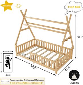 <span class=keywords><strong>Lit</strong></span> <span class=keywords><strong>tipi</strong></span> moderne en pin massif avec lumières LED, rails de <span class=keywords><strong>lit</strong></span> et sommier à lattes pour enfants (garçons et filles), sans sommier intégré - Product Image 2