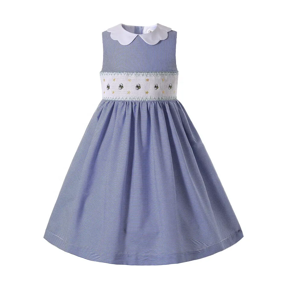 Pettigirl yeni tasarım kız mavi çizgili elbise nakış ile önlüklü doğum günü kolsuz elbise 1 torba = 1 adet