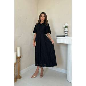 Elegante Vestido Negro de Gasa con Mangas Abullonadas, Silueta en A, Cuello en V y Capa Transparente para Fiesta de Gala - Product Image 5