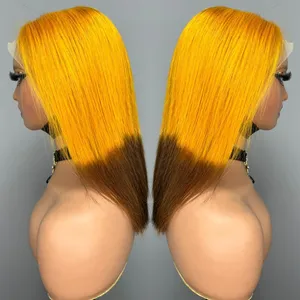 Wholesale Yellow And Brown Ombre Color Straight Lace Front Peruvian Hair Wig 100% Virgin Double Drawn Human Hair Wigs