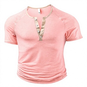 Men's Pink Regular Fit O-Neck Raglan Sleeve Short Sleeve Contrast Trim Casual Knitted Solid Color Eco-Friendly T-Shirt - Product Image 5