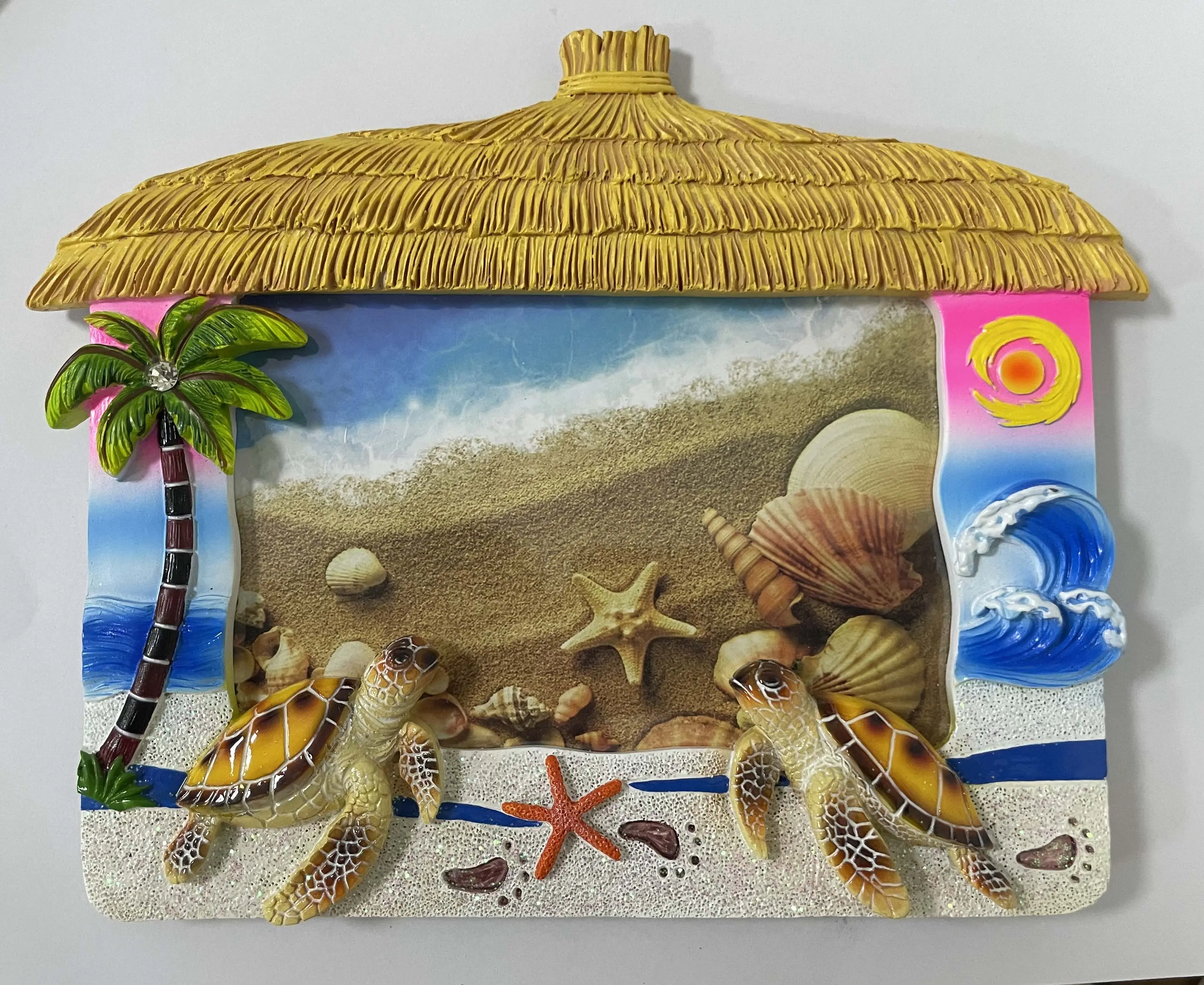 Kaplumbağa ve palmiye ağacı resim çerçevesi ile özelleştirilmiş polybeach plaj hut şekil fotoğraf çerçevesi