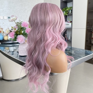 วิกผมสังเคราะห์ทนความร้อน 13x4 แบบติดลูกไม้ด้านหน้า ไม่ต้องใช้กาว สีชมพูม่วงไฮไลท์  แบบลอนคลื่นธรรมชาติ  ถอนขนมาแล้ว สำหรับผู้หญิงผิวสี - Product Image 4
