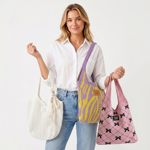Bolso Tote <span class=keywords><strong>de</strong></span> Punto con Lazo y Diseño Argyle, con Logotipo Personalizado, Bolso <span class=keywords><strong>de</strong></span> Mano Resistente <span class=keywords><strong>de</strong></span> Ganchillo <span class=keywords><strong>para</strong></span> Mujer, <span class=keywords><strong>para</strong></span> Viajes Diarios - Product Image 3