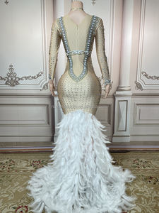 Novance Promosi Produk Gaun Malam Elegan Kristal Berlian Kerah Tinggi Gaun Pesta Wanita Gaun Prom dengan Bulu Hem - Product Image 3