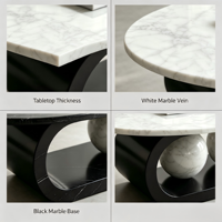Table basse de luxe en marbre noir et blanc. Décoration de salon durable, minimaliste, moderne, sculpturale, en forme de sphère avec base incurvée.