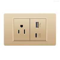 Interruptor de Pared con Panel Táctil Dorado 118, Material de PC Duradero, Enchufe Americano, Británico y Europeo, USB Tipo C, 10A/20A, IP24, 2 Tomas