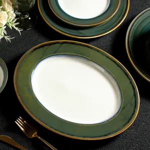 Handmade Reactive Glaze Dishes Set Vintage Porcelain Crockery Dinner Plates And Bowls Set Ceramic Dinnerware For Restaurant